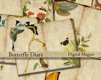 Butterflies DIY printable journal pages digital paper pack Victorian diary grunge shabby backgrounds journaling instant download scrapbook