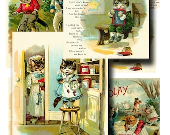 Digital Collage Sheet - Vintage Cats at Play printable images to download