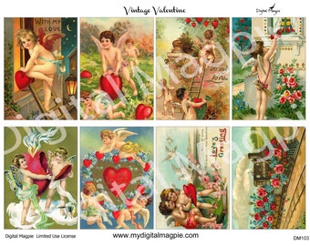 Vintage Valentine digital collage sheet printable cherubs ATC tags download 2.5 x 3.5 inch digital paper craft images valentine's day