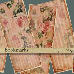 May include: Set of six vintage-style bookmarks featuring a pink and white floral pattern with a distressed, aged look. The bookmarks have a pink and white striped background with a faded, worn appearance. The text "Bookmarks" and "Digital Magpie" is printed on the bookmarks.