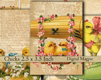 Easter chicks vintage images collage sheet instant download atc tags digital scrapbook paper 2.5 x 3.5