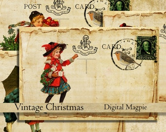 Cartes postales de Noël victoriennes vintage feuille de collage numérique téléchargement instantané d’images artisanales imprimables artisanat graphique numérique artisanat