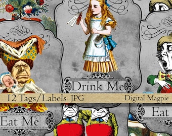 Eat Me tag label Drink Me Alice party printable digital collage sheet instant download jpg Alice In Wonderland