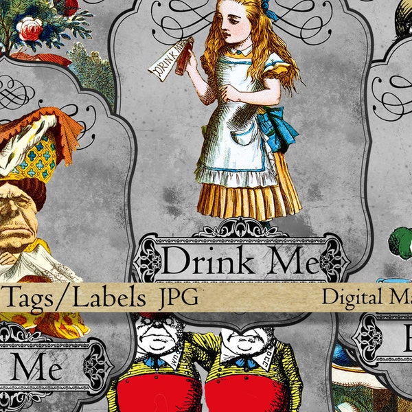 Eat Me tag label Drink Me Alice party printable digital collage sheet instant download jpg Alice In Wonderland