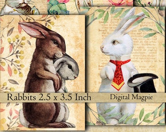 16 Rabbits vintage images collage sheet bunnies instant download atc tags digital scrapbook paper 2.5 x 3.5 jewelry card