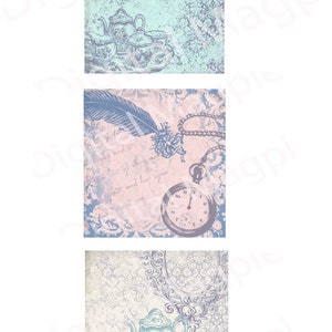 May include: Three digital scrapbook paper designs featuring a vintage tea set, a pocket watch with a feather, and a mirror with a tea set. The designs are in shades of blue, pink, and white with a distressed, vintage look.