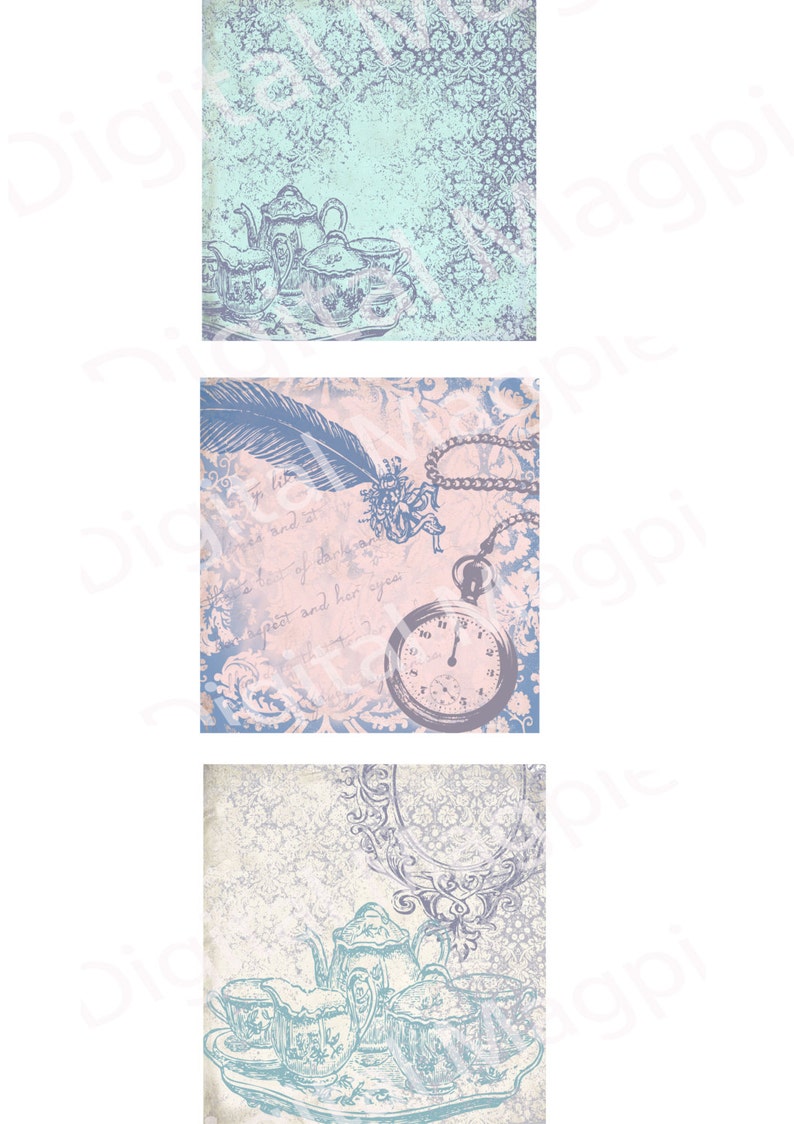 May include: Three digital scrapbook paper designs featuring a vintage tea set, a pocket watch with a feather, and a mirror with a tea set. The designs are in shades of blue, pink, and white with a distressed, vintage look.