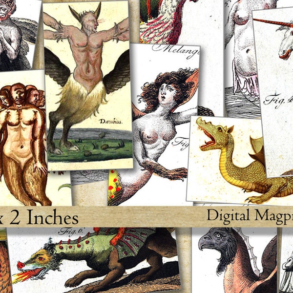 1 x 2 inch Digital Collage Sheet Mythical Creatures medieval jewelry domino images printable unicorn dragon