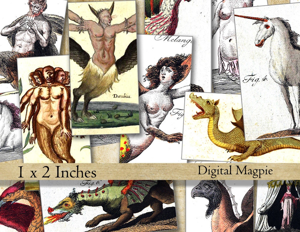 1 x 2 inch Digital Collage Sheet Mythical Creatures medieval jewelry domino images printable unicorn dragon