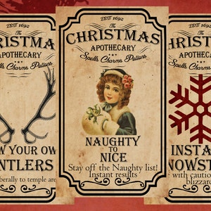 Christmas potion labels apothecary labels for jars bottles tags and scrapbook embellishment vintage spells charms and magic