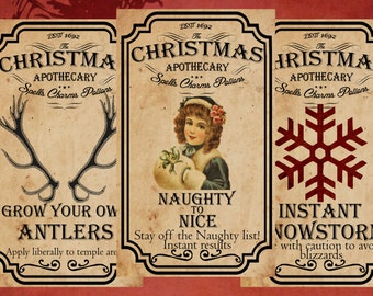 Christmas potion labels apothecary labels for jars bottles tags and scrapbook embellishment vintage spells charms and magic