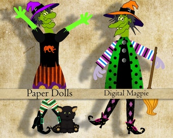 Halloween paper doll Witch digital collage sheet printable articulated doll clip art jpeg files for altered art journaling scrapbooking