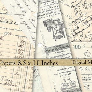 French office Ephemera 8.5 x 11 digital paper pack printable digital download writing numbers letters  text scrapbooking journaling craft