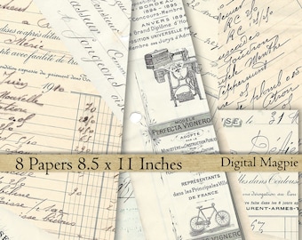 French office Ephemera 8.5 x 11 digital paper pack printable digital download writing numbers letters  text scrapbooking journaling craft