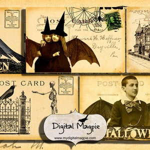 Halloween postcards vintage Halloween tags altered digital collage sheet  printable scrapbook ephemera image instant download skeleton bat