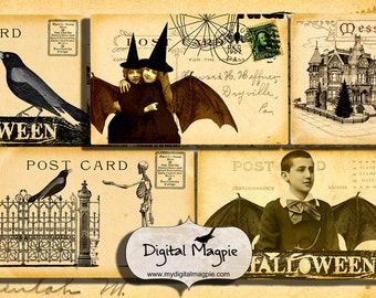 Halloween Postkarten Vintage Halloween Tags verändert digital collage sheet printable scrapbook ephemera bild instant download Skelett Fledermaus