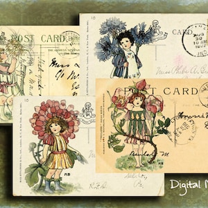 Digital collge sheet vintage flower children printable postcards
