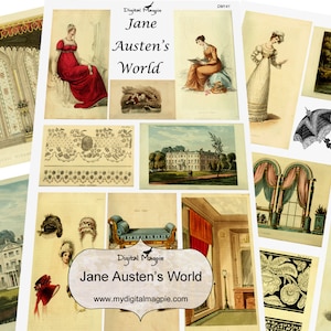 Jane Austen digital collage sheet pintable download 1800 regency fashion 19th century images vintage pride and prejudice