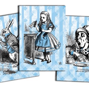 Alice in Wonderland blue printable tags ATC digital download  gift tags Alice party instant download ACEO blue and white rabbit Mad Hatter