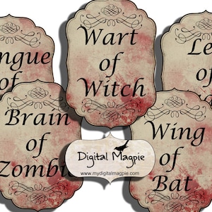 digital collage sheet Halloween potion labels apothecary witch antique grunge vintage printable for jars bottles scrapbook ephemera