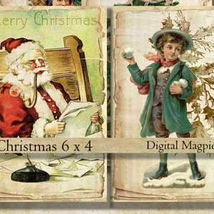 Victoriaanse kerst vintage digitale collage vellen plakboek armoedig papier afdrukbare instant download oude antieke oude Kerst Santa 6 x 4