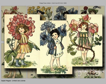 Vintage Flower Children hoja de collage digital imprimible