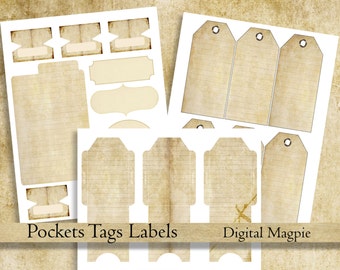 printable journal pockets tags tabs old paper antique digital journal add on ephemera collage sheets journaling instant download scrapbook