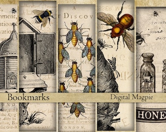 printable bookmark stocking stuffer digital collage sheet Bees honey instant download book lover gift vintage shabby diy bookmarks