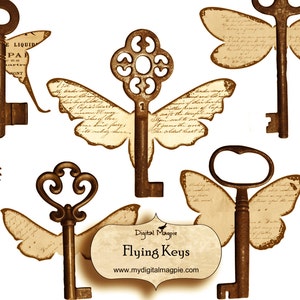 digital collage sheet printable download flying keys grunge shabby aged scrapbook and craft image ephemera for instant download