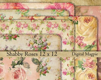 digital paper pack scrapbook paper shabby roses vintage textured aged tattered edges 12 x 12 digital sheet printable floral instant download