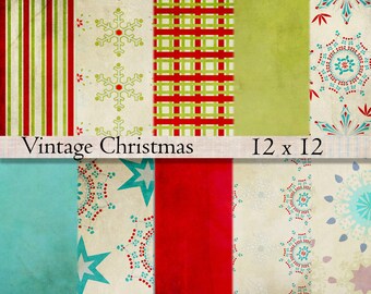 Puede incluir: Un conjunto de diseños de papel digital de 30,5 x 30,5 cm con un tema navideño vintage. Los papeles incluyen rayas rojas y verdes, copos de nieve, patrones de cuadros y diseños de copos de nieve azules y blancos.