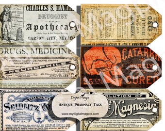 Digital antique vintage pharmacy tags apothecary tags scrapbook ephemera printable collage sheet download medical instant download