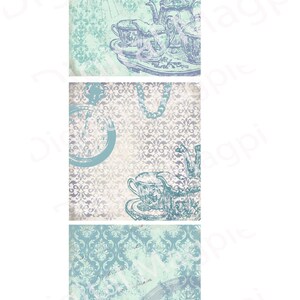 May include: Three digital scrapbook paper designs featuring a vintage tea set, a pocket watch, and a floral pattern. The designs are in shades of blue and green with a distressed, aged look.