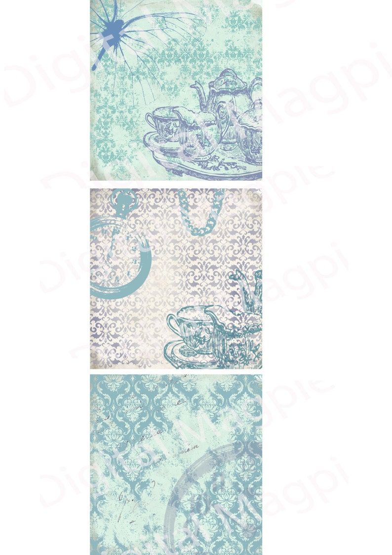 May include: Three digital scrapbook paper designs featuring a vintage tea set, a pocket watch, and a floral pattern. The designs are in shades of blue and green with a distressed, aged look.