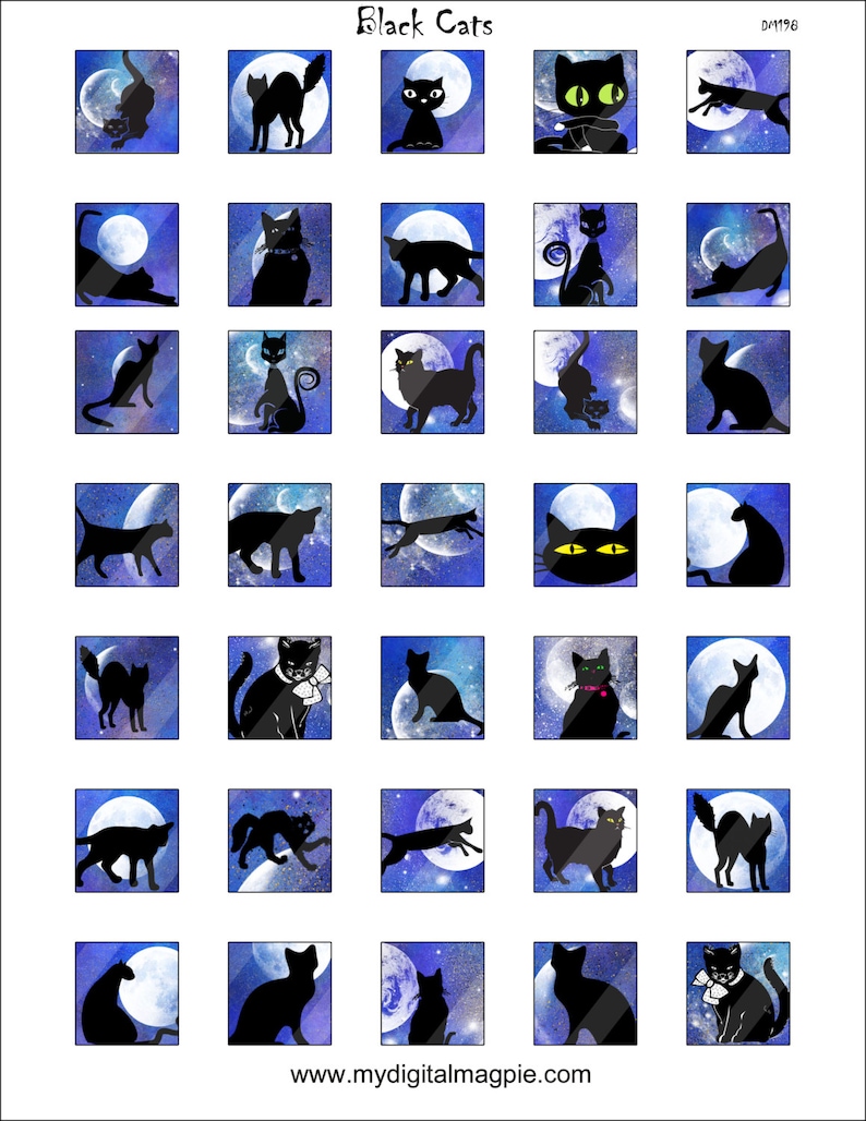 Halloween 1 inch squares Black Cats and moon digital collage sheet printable for instant download pendant images