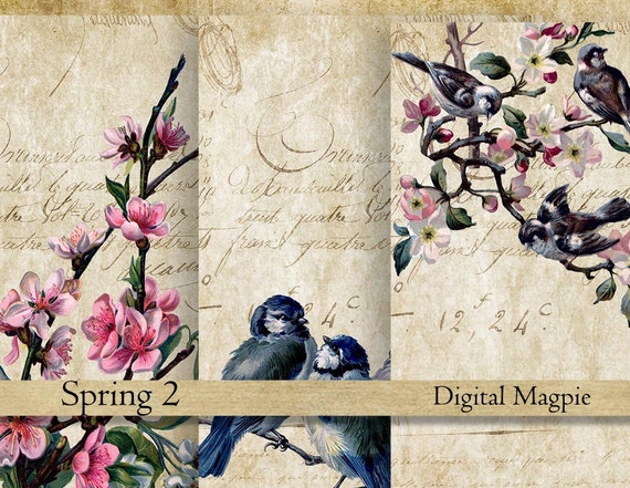 Spring digital paper  antique French script background vintage scrapbook Birds printable digital collage sheet 6 x 4  instant download card