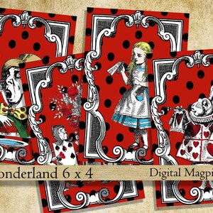 Alice in Wonderland printable digital collage sheet images instant download for Alice party or crafts red black 6 x 4