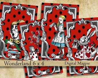 Alice in Wonderland printable digital collage sheet images instant download for Alice party or crafts red black 6 x 4