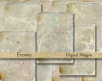 Winter Frost snow Christmas digital collage sheet old shabby paper worn tattered gift tags ATC printable background for scrapbooking crafts