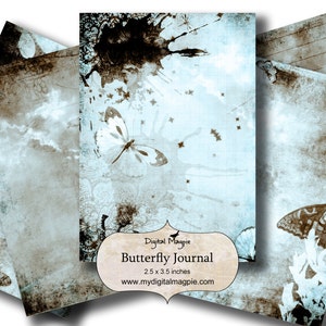 printable digital collage sheet ATc tag 2.5 x 3.5 inch slightly grungy butterflies journal paper blue and brown background digital download