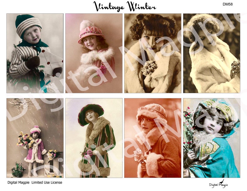 printable Vintage Winter digital download atc tag size images instant download Christmas digital collage sheet vintage girls