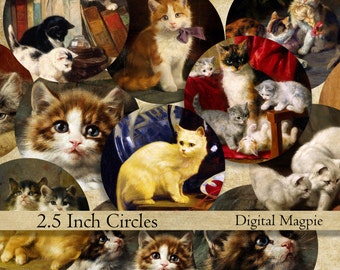2.5 inch circles digital collage sheet vintage Cats images printable download pocket mirror tags magnets jewelry