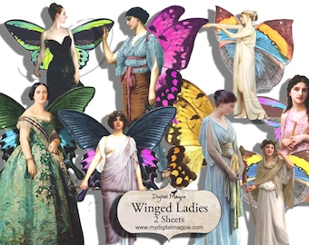 Ladies with butterfly wings digital collge sheet ephemera for scrapbooks journals altered art and mixed media