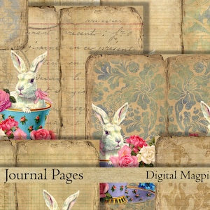 Printable vintage traveler notebook DIY digital journal Teacup Bunnies antique grunge shabby journaling collage sheet instant download
