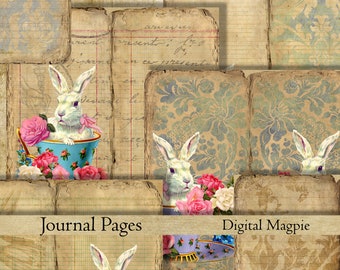 Printable vintage traveler notebook DIY digital journal Teacup Bunnies antique grunge shabby journaling collage sheet instant download