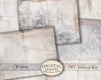 Winter DIY printable journal pages trees snow digital paper pack shabby backgrounds collage sheet journaling instant download scrapbook