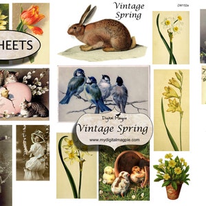 3 digitale Collage Blätter Vintage Frühling Ostern Instant Download digital druckbare Bastelbilder Hase Blumen Frühling Küken Ei