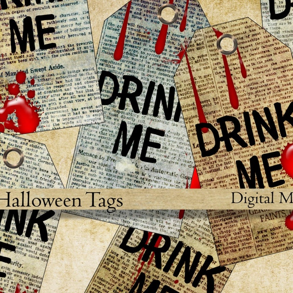 Halloween Blood stained printable drink me tags digital download Halloween party decor hang tags instant downloadgift tags wine labels