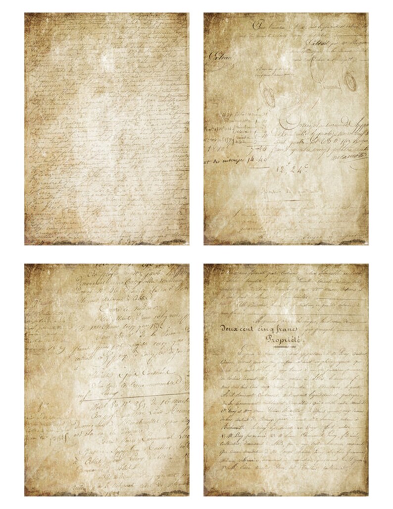May include: Four pieces of aged, yellowed paper with handwritten text in black ink. The paper has a worn, vintage look and is perfect for scrapbooking or crafting.