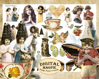 Kids paper doll collage sheet vintage children angels wings digital printable download clip art for altered art journaling scrapbooking